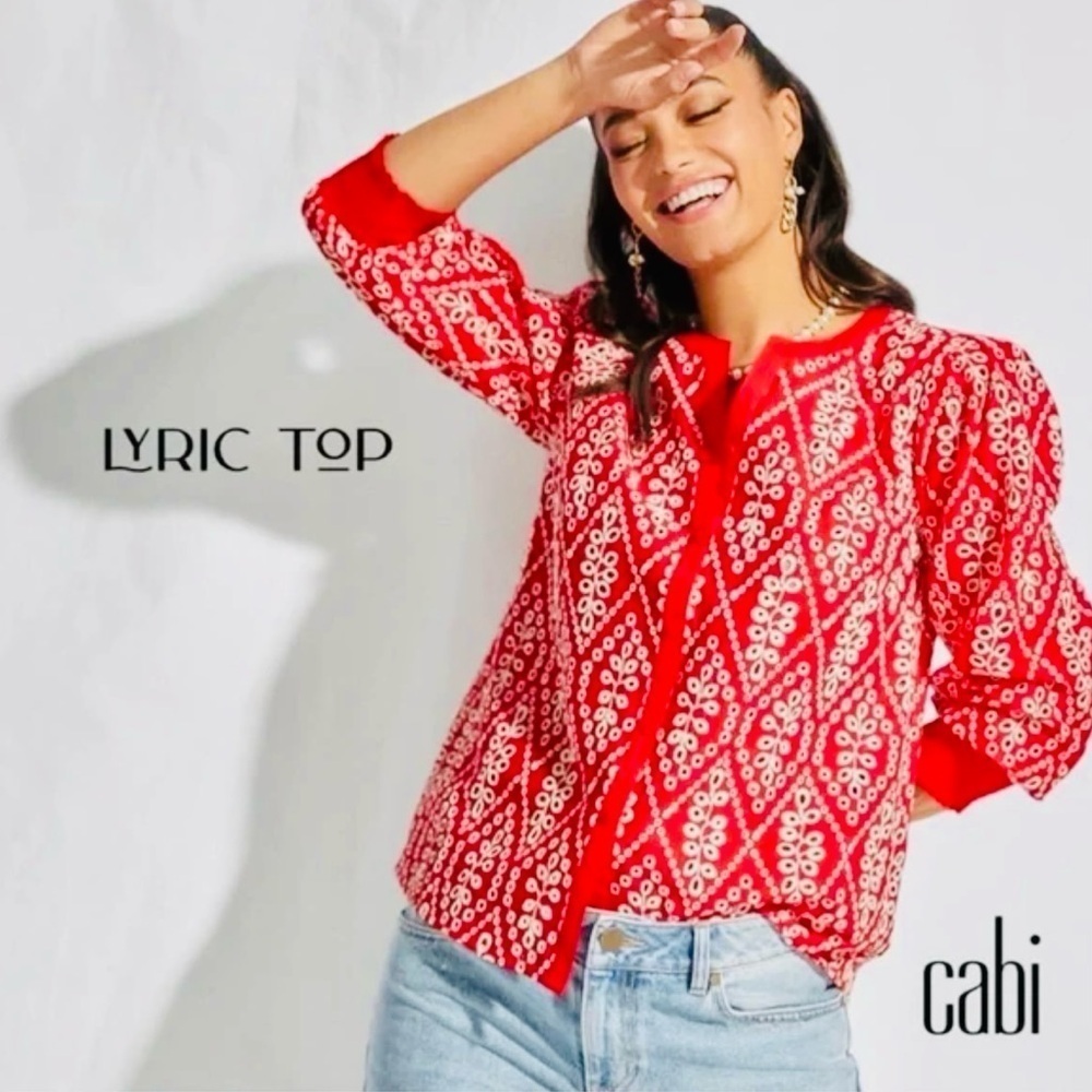 CAbi Lyric Red White Eyelet Embroidered Puff Sleeve Top Blouse Size M 6203